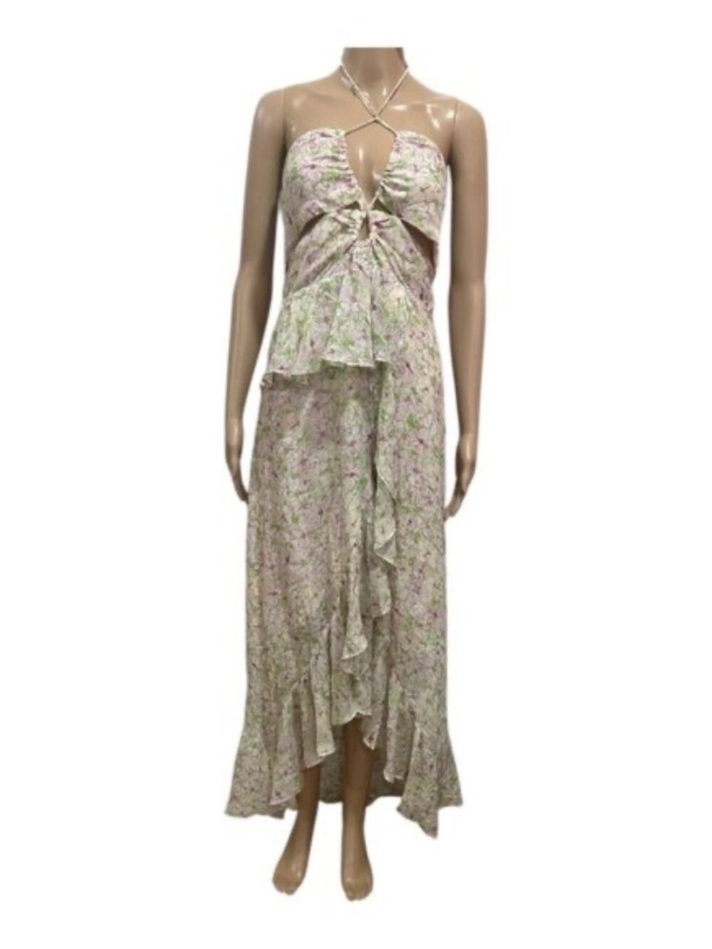 Astr Floral Halter Asymmetrical Maxi Dress in Pale Pink and Green